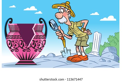 In the illustration, an elderly archaeologist examines a magnifying glass ancient vase. Illustration done in cartoon style.