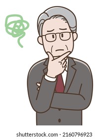 Illustration of an elderly businessman pondering with his arms folded