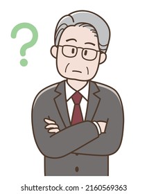 Illustration of an elderly businessman thinking with his arms folded