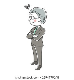 Illustration of an elderly businessman in trouble with his arms folded.