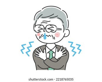 Illustration of an elderly businessman who is cold and shivering and has a runny nose.