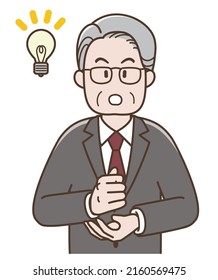Illustration of an elderly businessman who comes up with a good idea