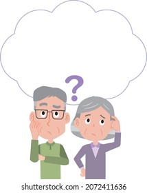 Ilustración de una pareja de ancianos y un globo pensando con dudas y olvido