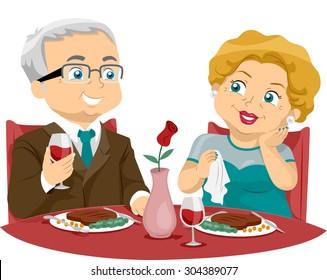 Illustration Of An Elderly Couple Eating At A Fine Dining Restaurant