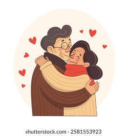 Illustration of an elderly couple embracing warmly, surrounded by floating red hearts, symbolizing love, affection, and happiness.