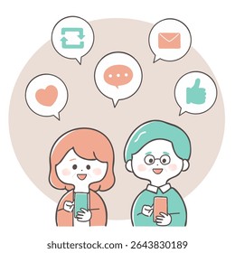 Illustration of an elderly couple enjoying SNS