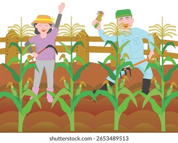 Illustration of an elderly couple growing corn.