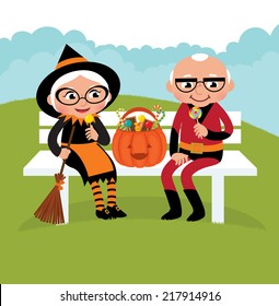 Illustration of an elderly couple in Halloween costumes sitting on the bench