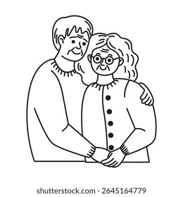 Illustration of an elderly couple in line art style. They are standing together with gentle smiling faces and a loving embrace. Simple monochrome background highlights their bond.
