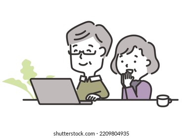 Ilustración de una pareja de ancianos mirando a una computadora con una sonrisa