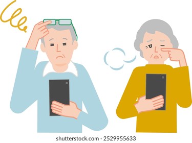 Ilustração de um casal de idosos olhando para um smartphone enquanto sofre de presbiopia, visão embaçada e dificuldade de ver.