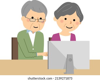 Illustration of an elderly couple operating a computer.
