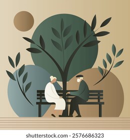 Illustration of an elderly couple in a park with harmonious colors