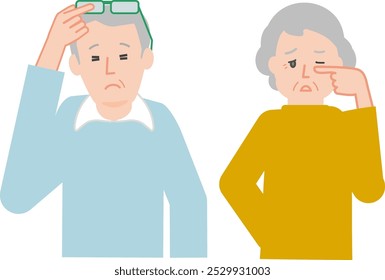 Illustration of an elderly couple with presbyopia, blurred vision, and difficulty seeing.