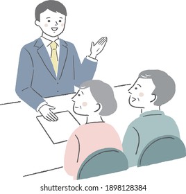 Ilustración de una pareja de ancianos recibiendo una explicación.