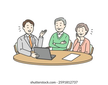 Illustration of an elderly couple receiving an explanation from a man in a suit holding a laptop