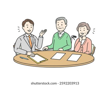 Illustration of an elderly couple receiving an explanation from a man in a suit