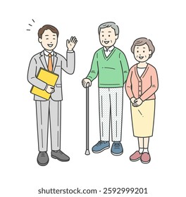 Illustration of an elderly couple receiving an explanation from a man in a suit