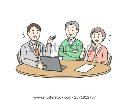 Illustration of an elderly couple receiving an explanation from a man in a suit holding a laptop