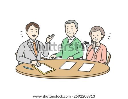 Illustration of an elderly couple receiving an explanation from a man in a suit