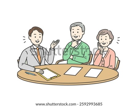 Illustration of an elderly couple receiving an explanation from a man in a suit