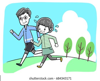 Illustration of an elderly couple running
