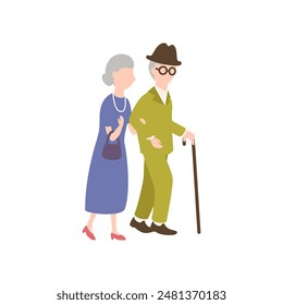 Illustration of an elderly couple, a senior couple, taking a walk together.