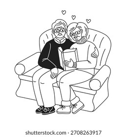 Ilustración de una pareja de ancianos sentados de cerca en un sofá acogedor compartiendo un libro. Esta Imagen conmovedora captura la esencia del compañerismo y el amor.