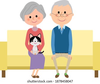 It is an illustration of an elderly couple sitting on a sofa.