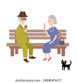 An illustration of an elderly couple sitting on a bench and happily eating soft serve ice cream.