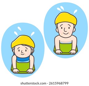Illustration of an elderly couple swimming using a kickboard.