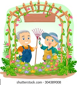 Illustration Of An Elderly Couple Tending To Their Garden