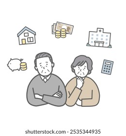 Illustration of an elderly couple thinking about retirement
