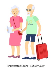 Illustration of an Elderly Couple traveling together with luggage in Tow. Isolated retired couple on vacation. Happy funny grandparents in sunglasses with tourist map and suitcases. 