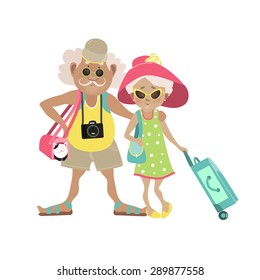 Illustration of an Elderly Couple Traveling Together with Luggage in Tow. Vector illustration