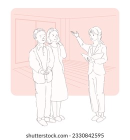 illustration of an elderly couple viewing the house privately with a woman in suit