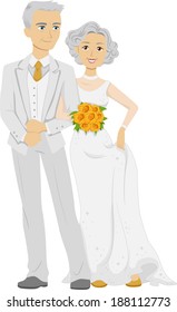 Illustration of an Elderly Couple Wearing a Bridal Gown and a Tuxedo on Their Golden Wedding Anniversary