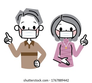 Illustration of an elderly couple wearing masks.