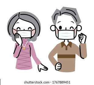 Illustration of an elderly couple wearing masks.
