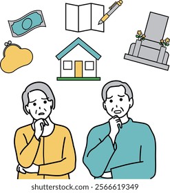 Illustration of an elderly couple worried about end-of-life planning and inheritance