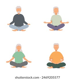 Ilustración de parejas de ancianos en poses de meditación tranquila, promoviendo el bienestar y el compañerismo