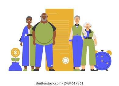 Illustration of elderly couples managing their pension and financial stability, symbolizing the importance of financial planning, savings, and investment for a secure and stable retirement.