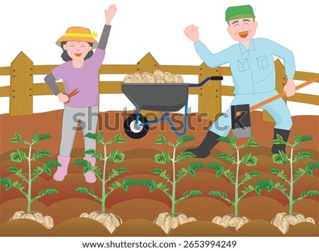 Illustration of an elderly couple's vegetable garden.