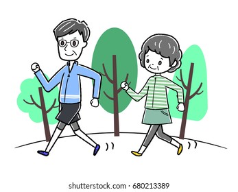 Illustration of elderly couples walking