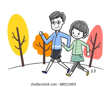 Illustration of elderly couples walking