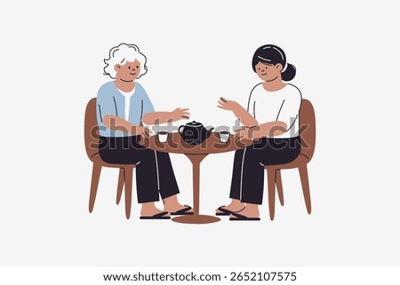 Illustration of Elderly Drinking Tea at Table
