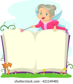 Illustration of a an Elderly Fairy Opening a Book