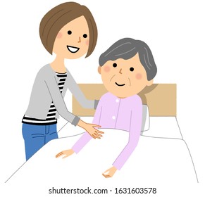 Illustration of the elderly going to bed.