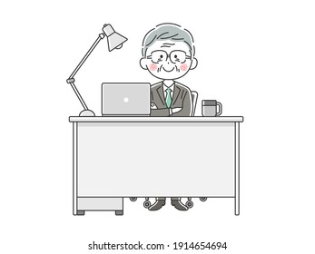 Illustration of an elderly Japanese businessman working on a laptop at his desk.
