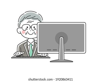 Illustration of an elderly Japanese businessman working on a personal computer.